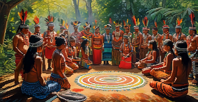 A colorful Indigenous ceremony with participants in body paint dancing in a forest setting.