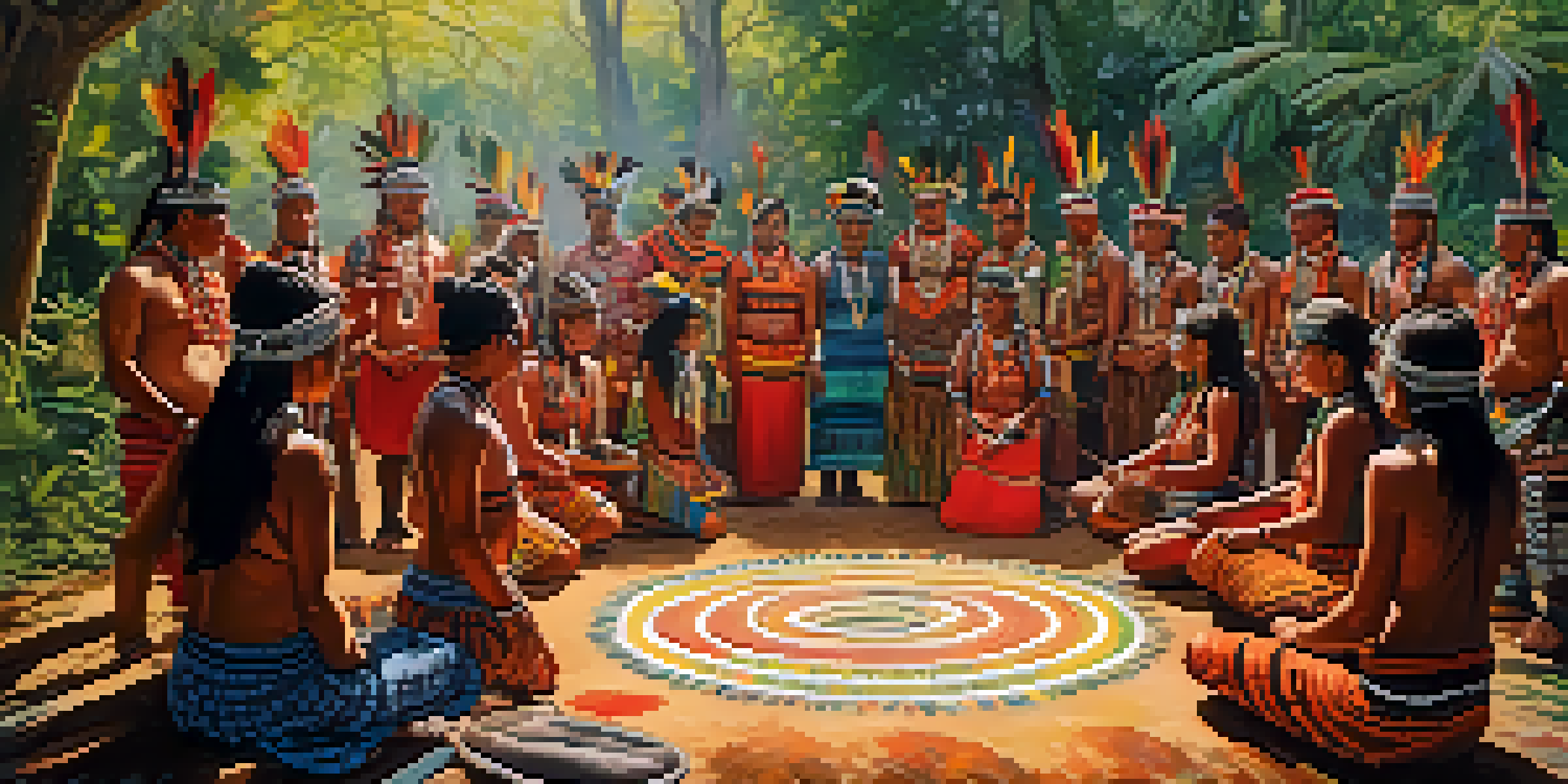 A colorful Indigenous ceremony with participants in body paint dancing in a forest setting.