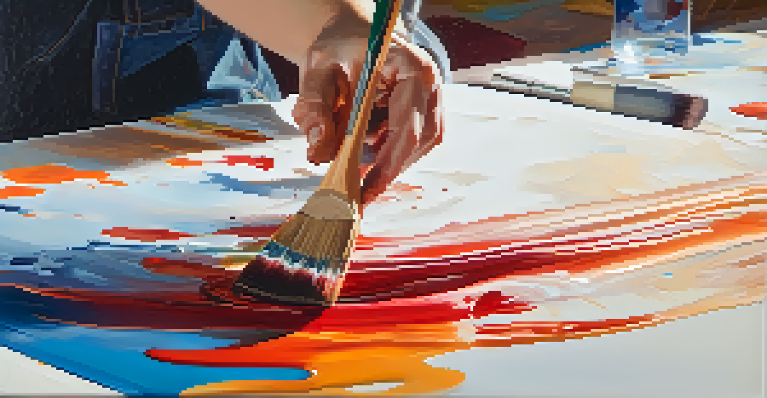 An artist's hand holding a paintbrush above a colorful abstract canvas, with warm light illuminating the workspace.