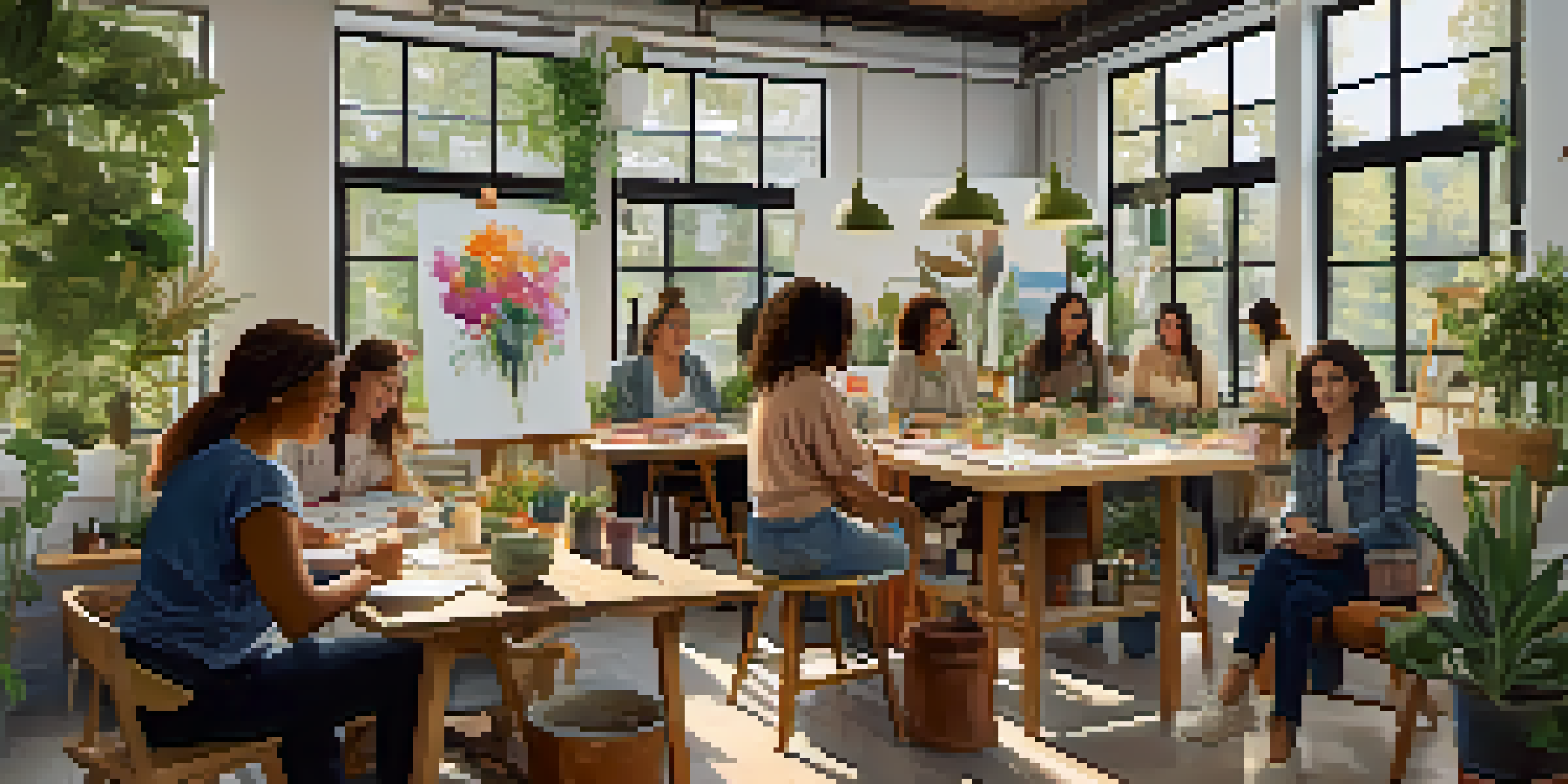 A bright art studio where women artists are engaged in a mentorship session, surrounded by colorful artworks and plants.