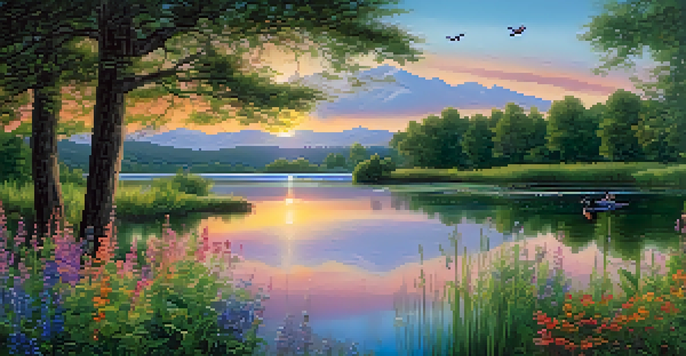 A beautiful sunset over a calm lake with colorful reflections, surrounded by greenery and wildflowers, with birds flying in the sky.