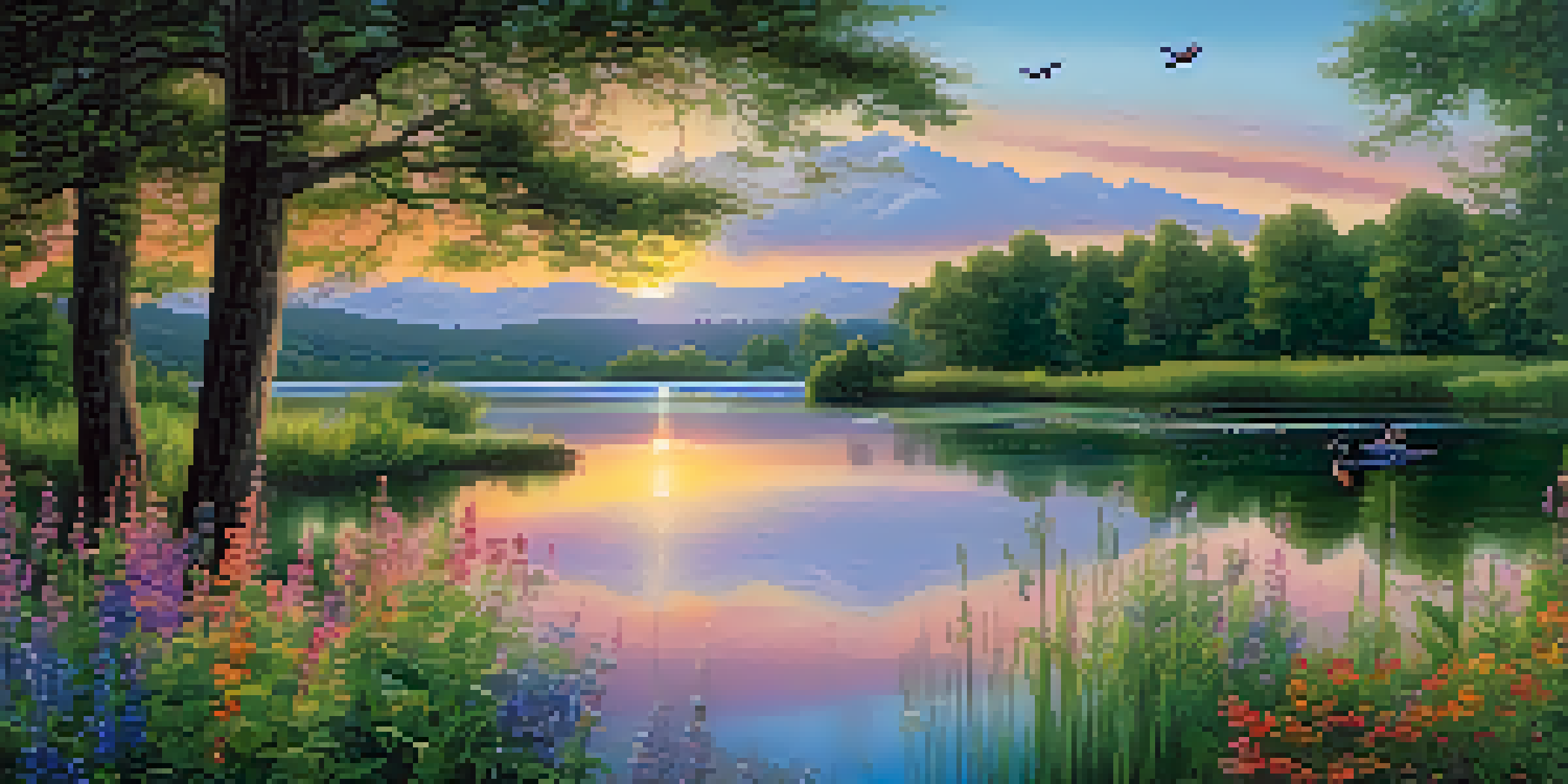 A beautiful sunset over a calm lake with colorful reflections, surrounded by greenery and wildflowers, with birds flying in the sky.