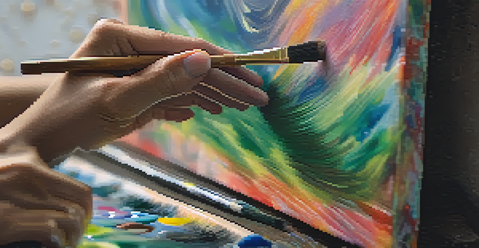 Close-up of hands painting on canvas, showcasing the texture of the brush and vibrant colors blending together, with a blurred background.
