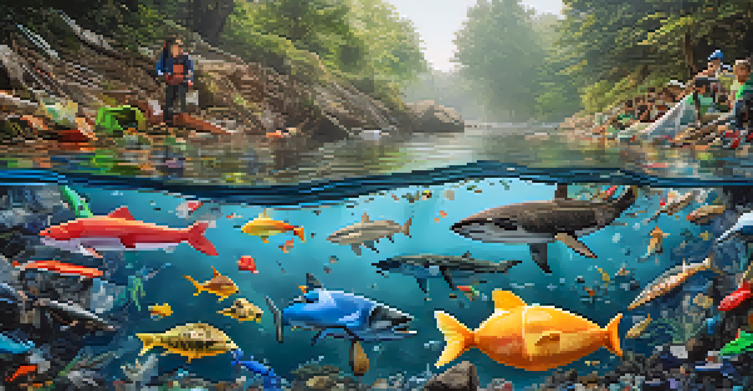 An animated digital artwork depicting plastic waste in a river, transforming into marine life, illustrating the effects of pollution on aquatic ecosystems.