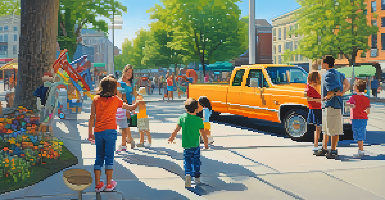 A family enjoying an art walk, with children pointing at colorful sculptures and various art styles in the background, creating a joyful atmosphere.