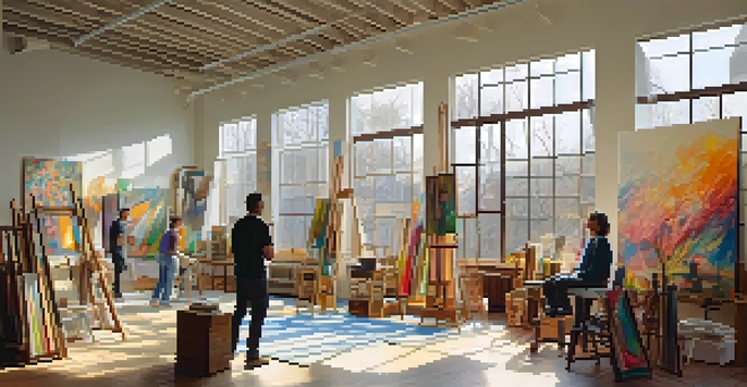 A painter and sculptor working together in a bright art studio filled with canvases and sculptures.