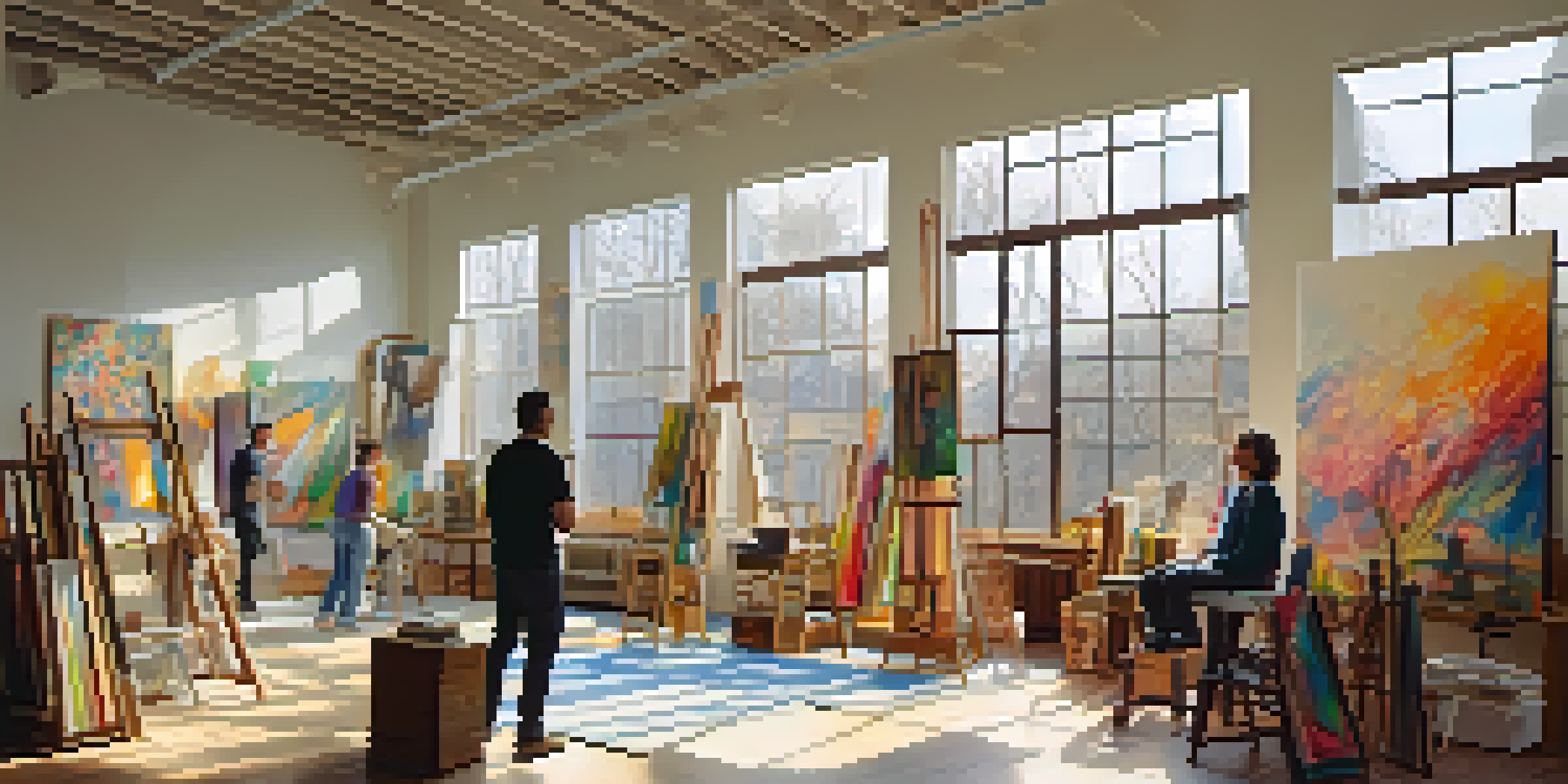 A painter and sculptor working together in a bright art studio filled with canvases and sculptures.
