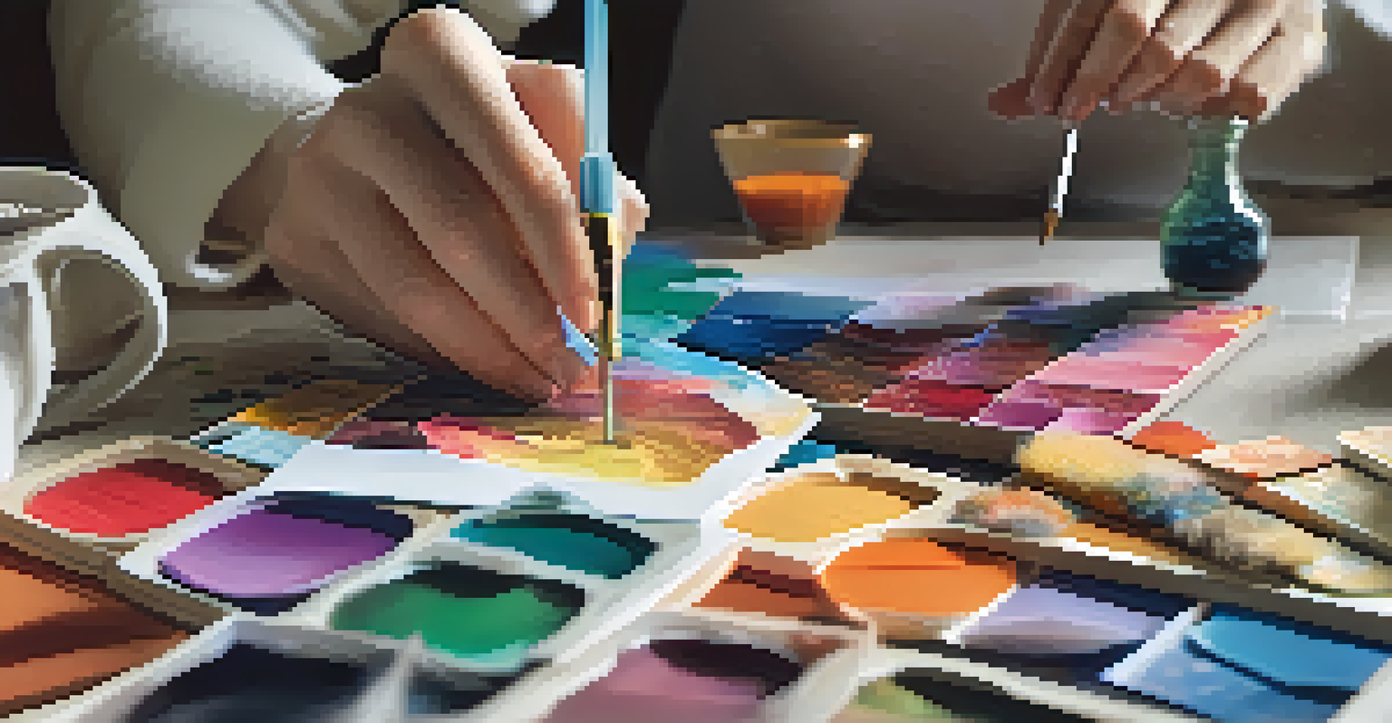 Close-up of hands assembling a colorful collage with textured materials in a softly lit art workspace.