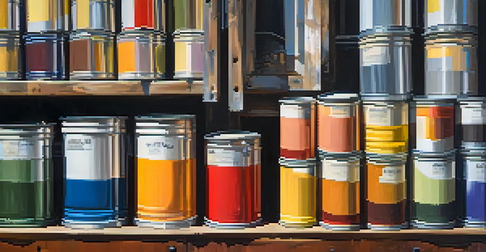A close-up view of assorted paint cans in an artist's workshop, surrounded by brushes and palettes, illuminated by soft natural light.