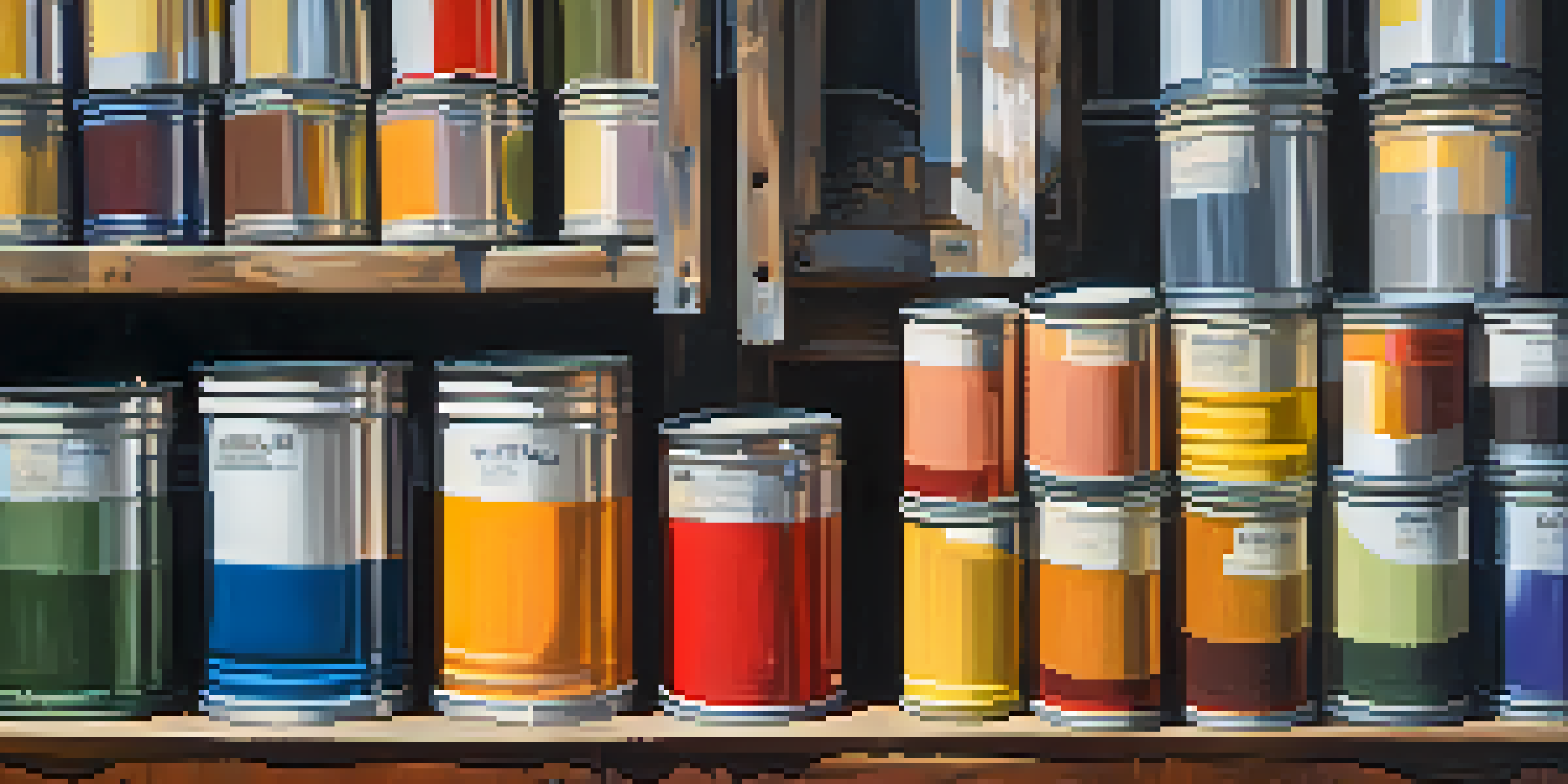 A close-up view of assorted paint cans in an artist's workshop, surrounded by brushes and palettes, illuminated by soft natural light.
