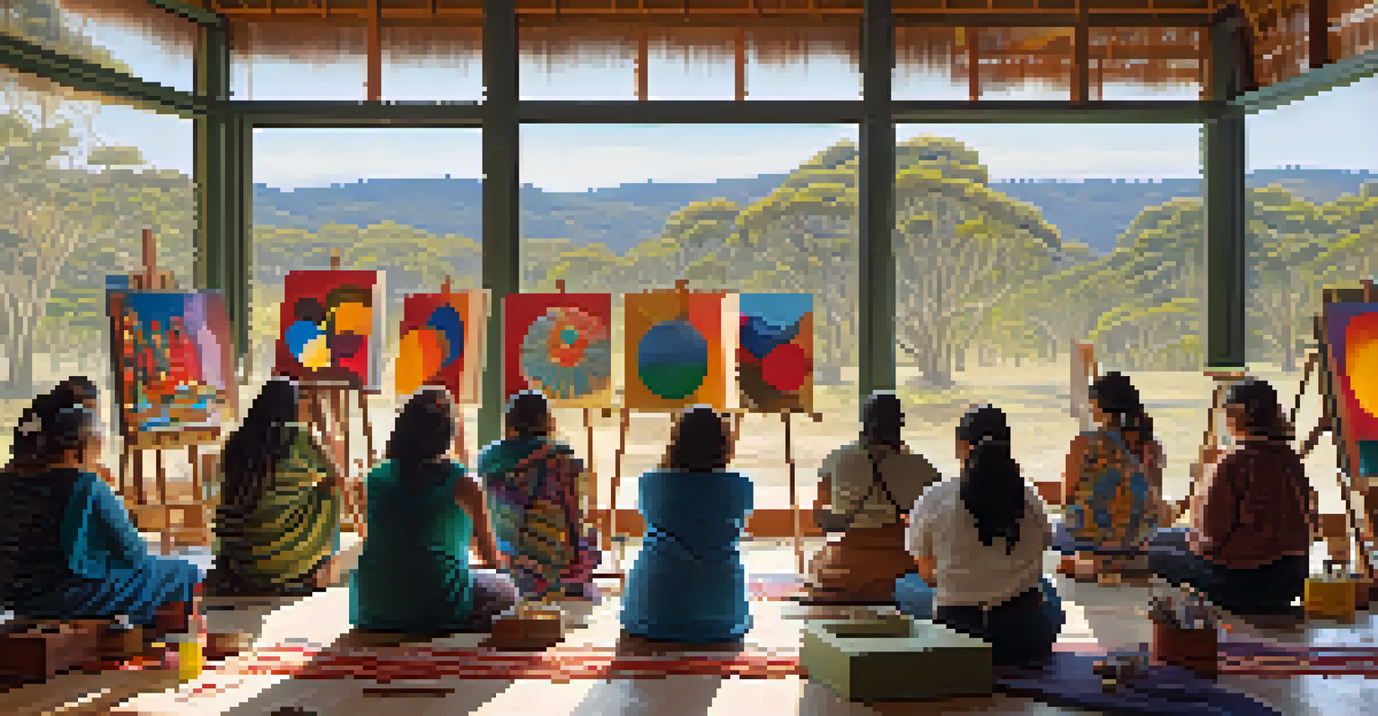 An Indigenous Australian artist conducting a dot painting workshop with participants creating their artworks, surrounded by vibrant colors and natural light.