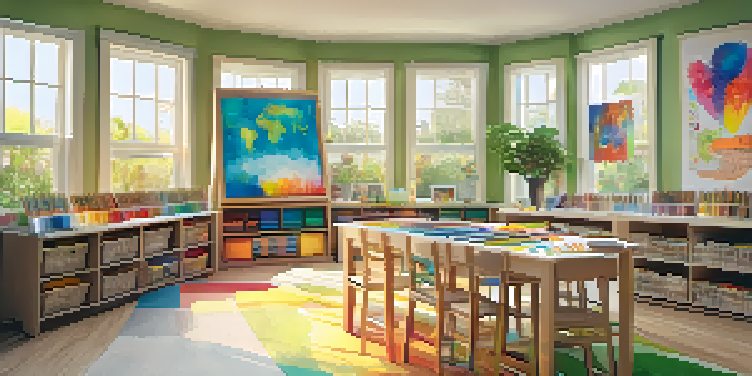 A bright and inviting art therapy room with various art supplies and children's artwork on the walls.
