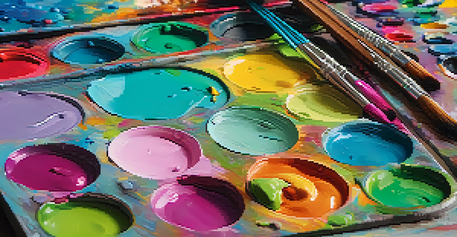 A close-up of an artist's palette with vibrant acrylic paints and brushes, showcasing rich colors and textures.