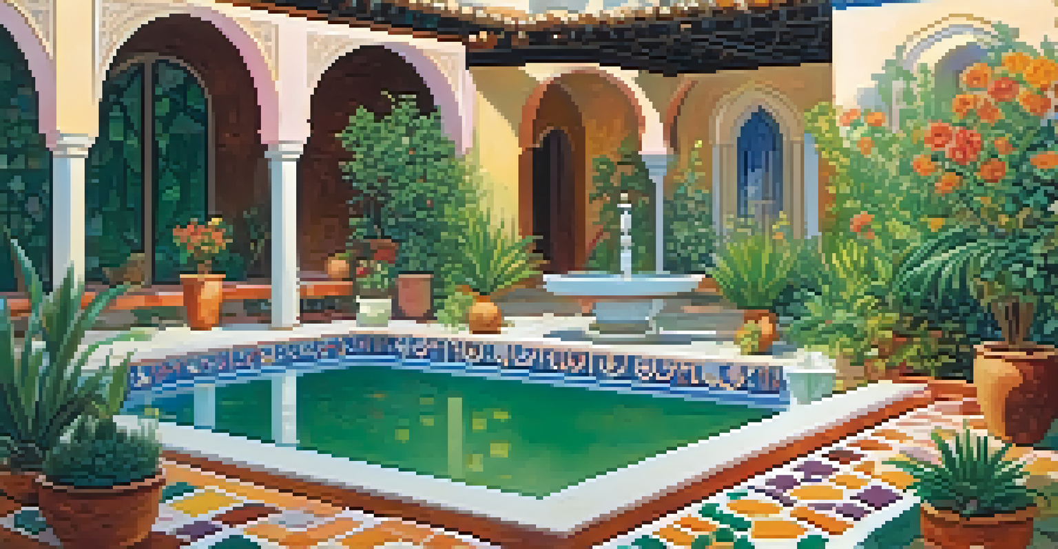 An outdoor garden with vibrant flowers, greenery, and intricate tile patterns, reflecting a serene and dreamlike atmosphere.