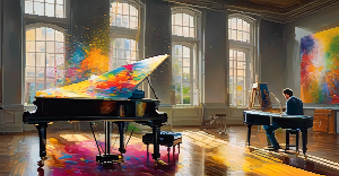 A painter and a musician collaborate in an art studio, surrounded by vibrant colors and music notes, with sunlight streaming in.