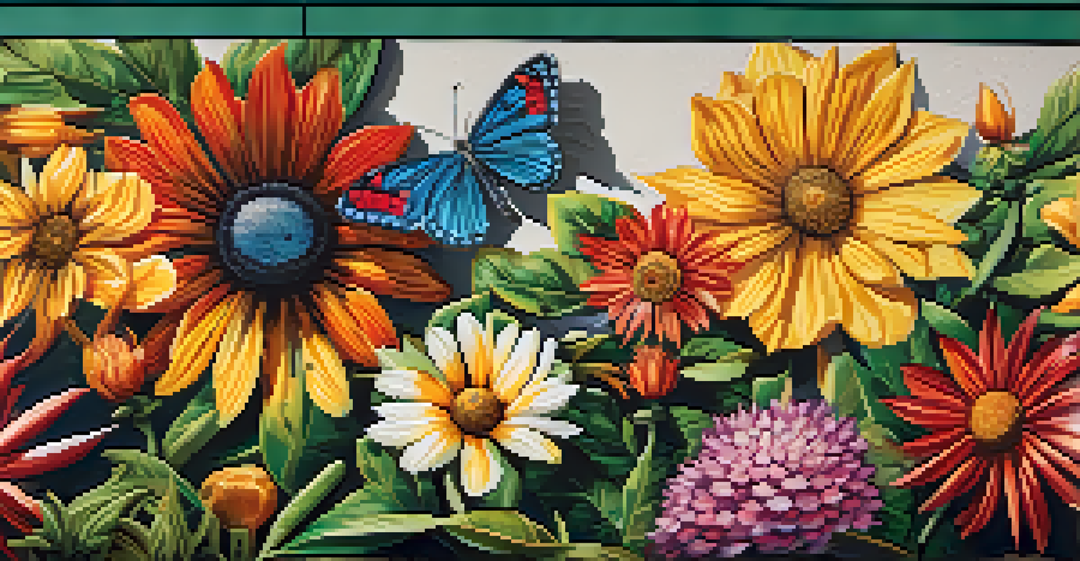 A detailed close-up of a colorful mural featuring native flora and fauna, with rich textures and sunlight filtering through.