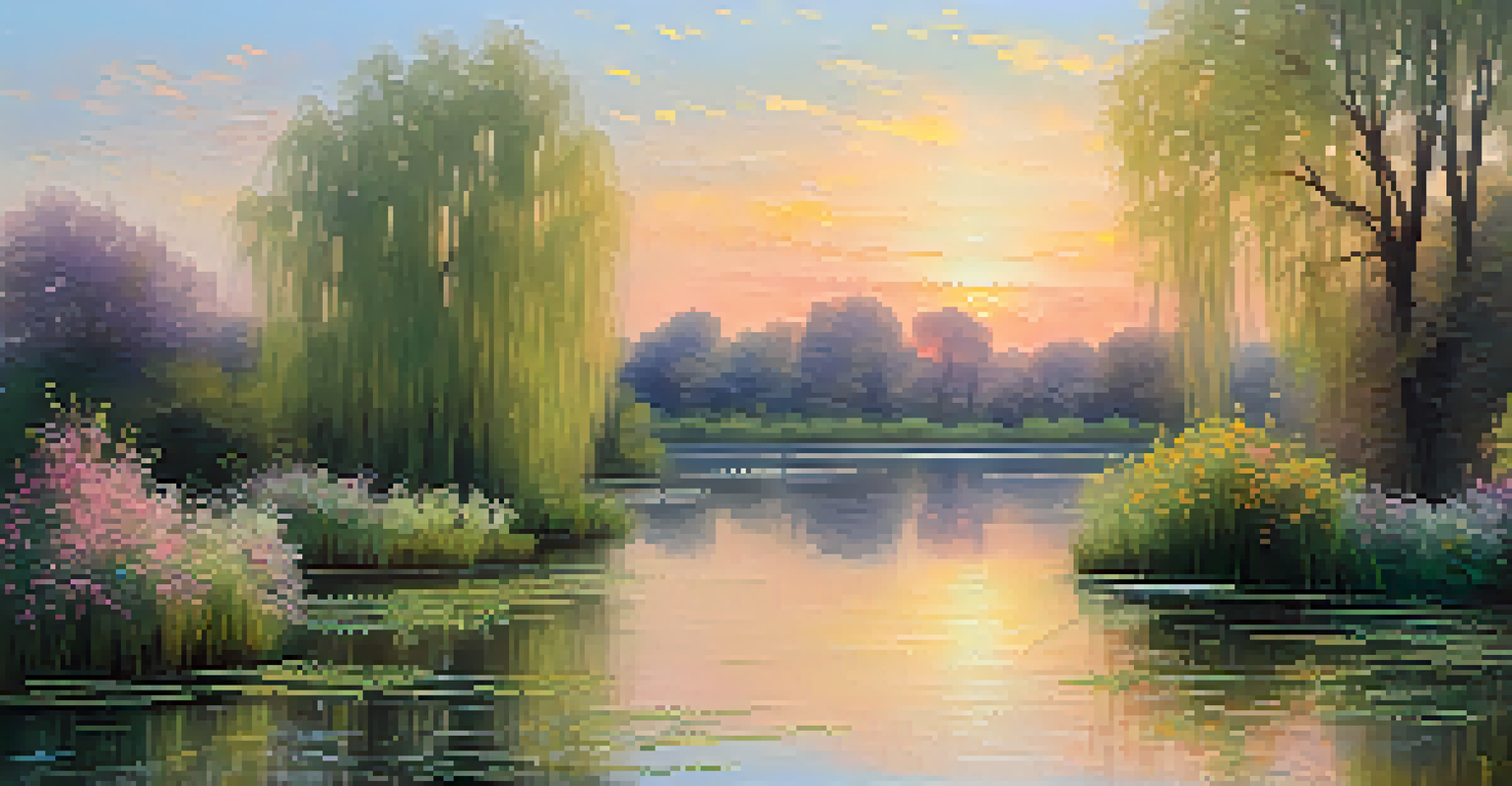 A serene landscape painting of a tranquil pond with blooming flowers and willow trees, using soft brushstrokes and pastel colors.