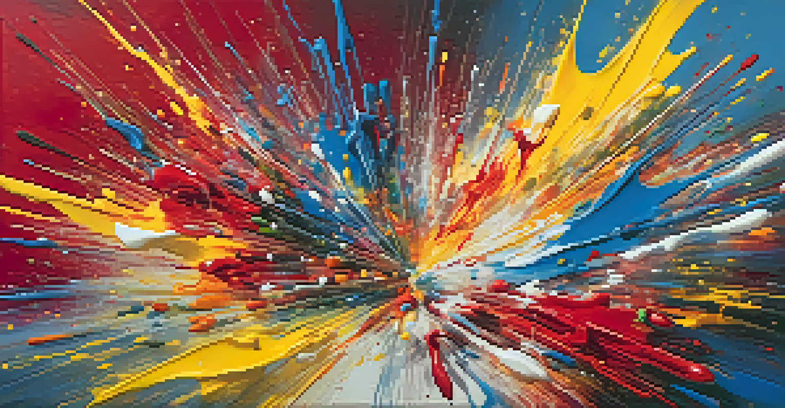 An abstract artwork featuring vibrant paint splashes and swirls in various colors on a canvas.