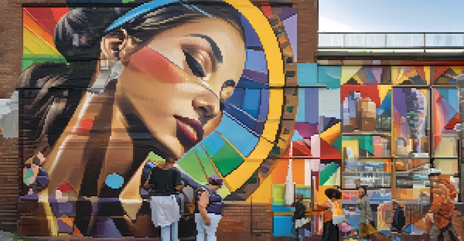 A street artist painting a mural on a brick wall, surrounded by a city scene and onlookers.