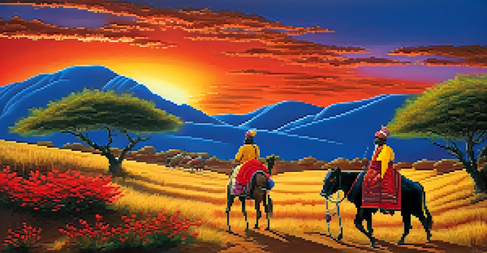 A colorful Rajasthani painting depicting a traditional landscape with bold red and yellow colors, and intricate patterns of plants and animals.