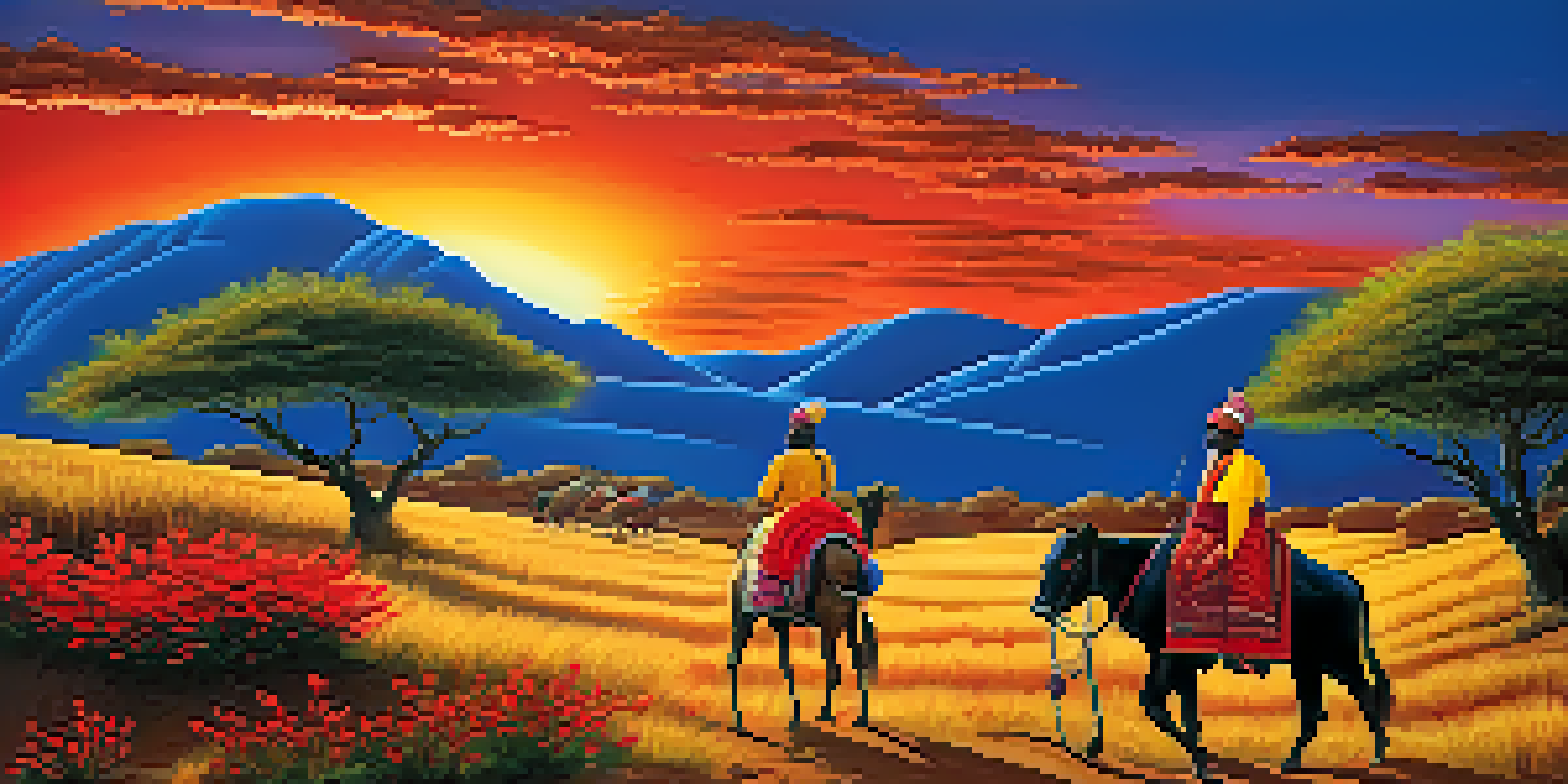 A colorful Rajasthani painting depicting a traditional landscape with bold red and yellow colors, and intricate patterns of plants and animals.