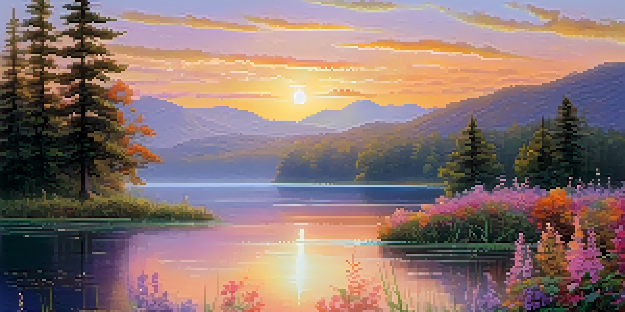 A peaceful sunrise over a calm lake, with colorful reflections and wildflowers in the foreground.