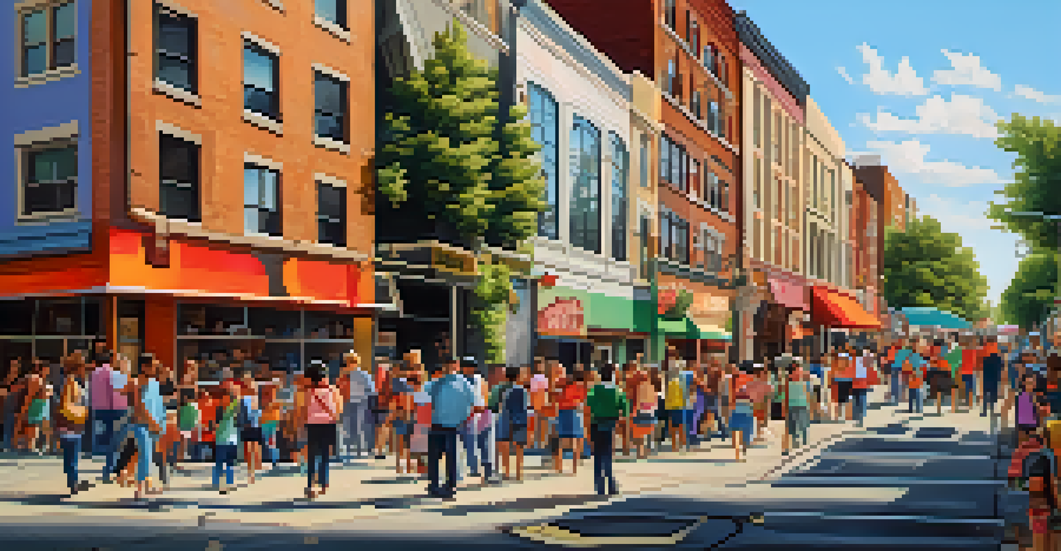 A colorful mural of a community gathering on a building with people walking by in an urban setting.