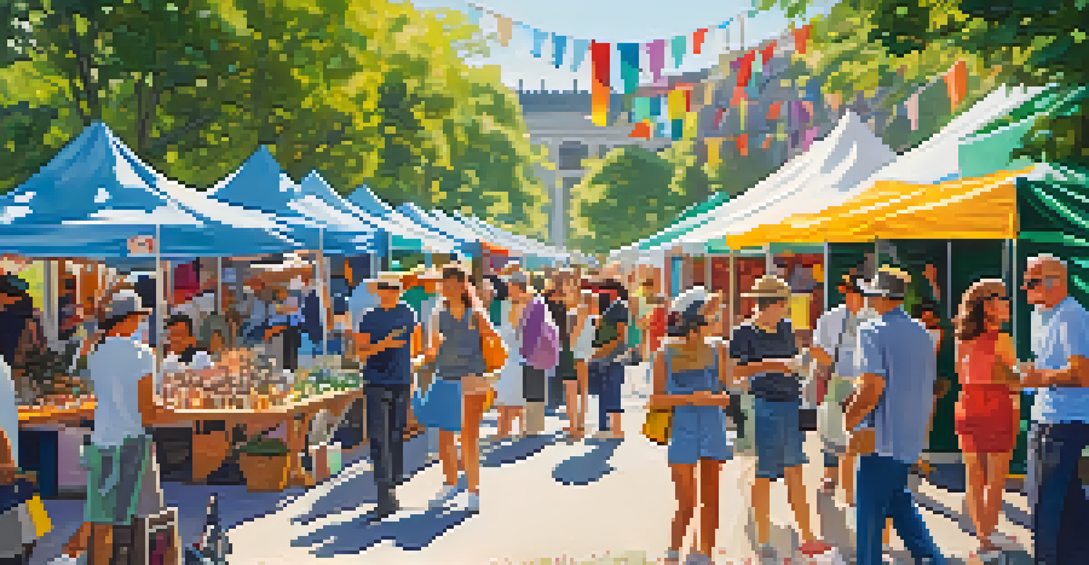 An outdoor art fair with various booths and artists interacting with visitors on a sunny day.