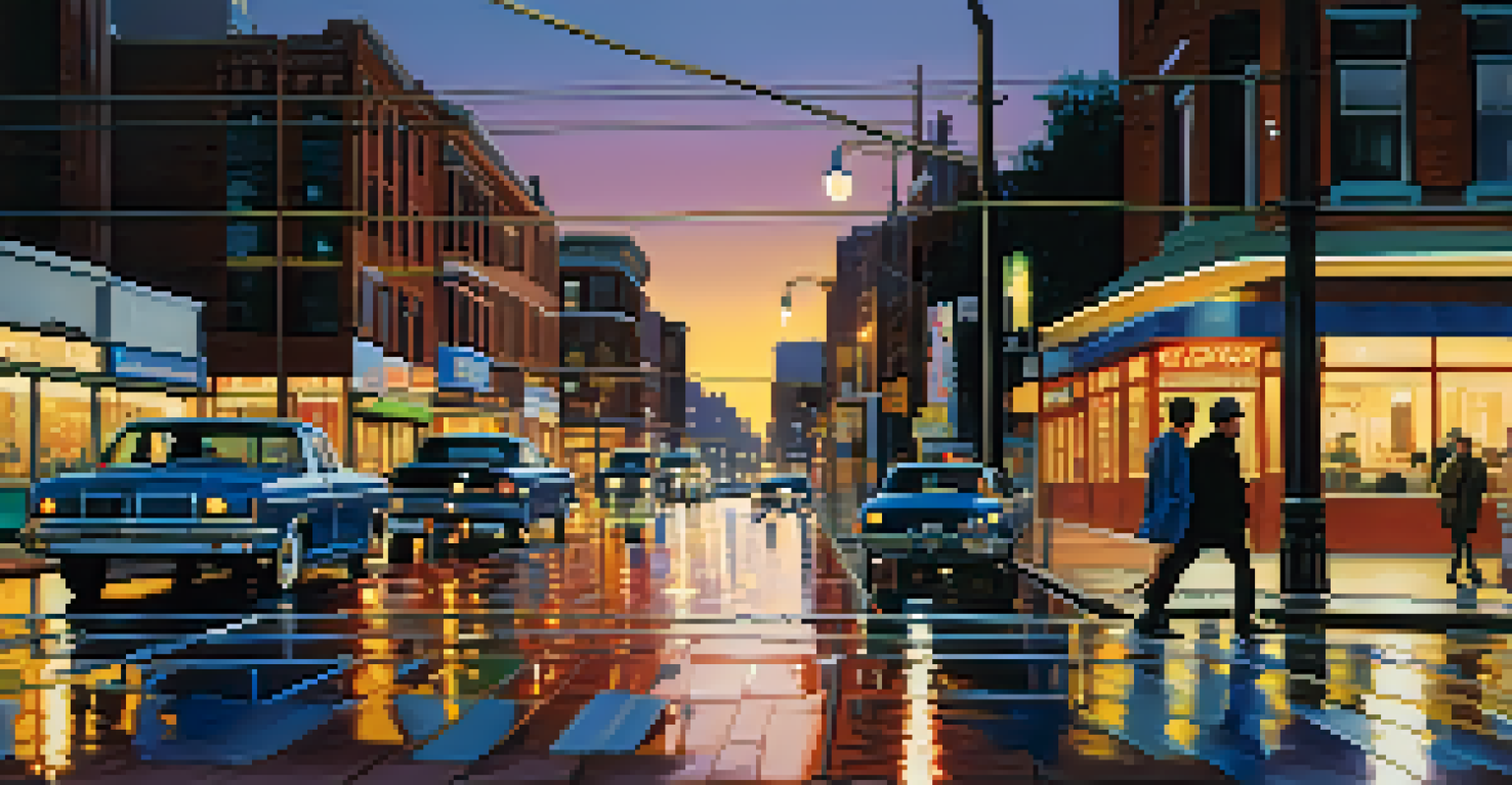 A bustling city street at twilight with blurred motion and bright reflections on wet pavement.