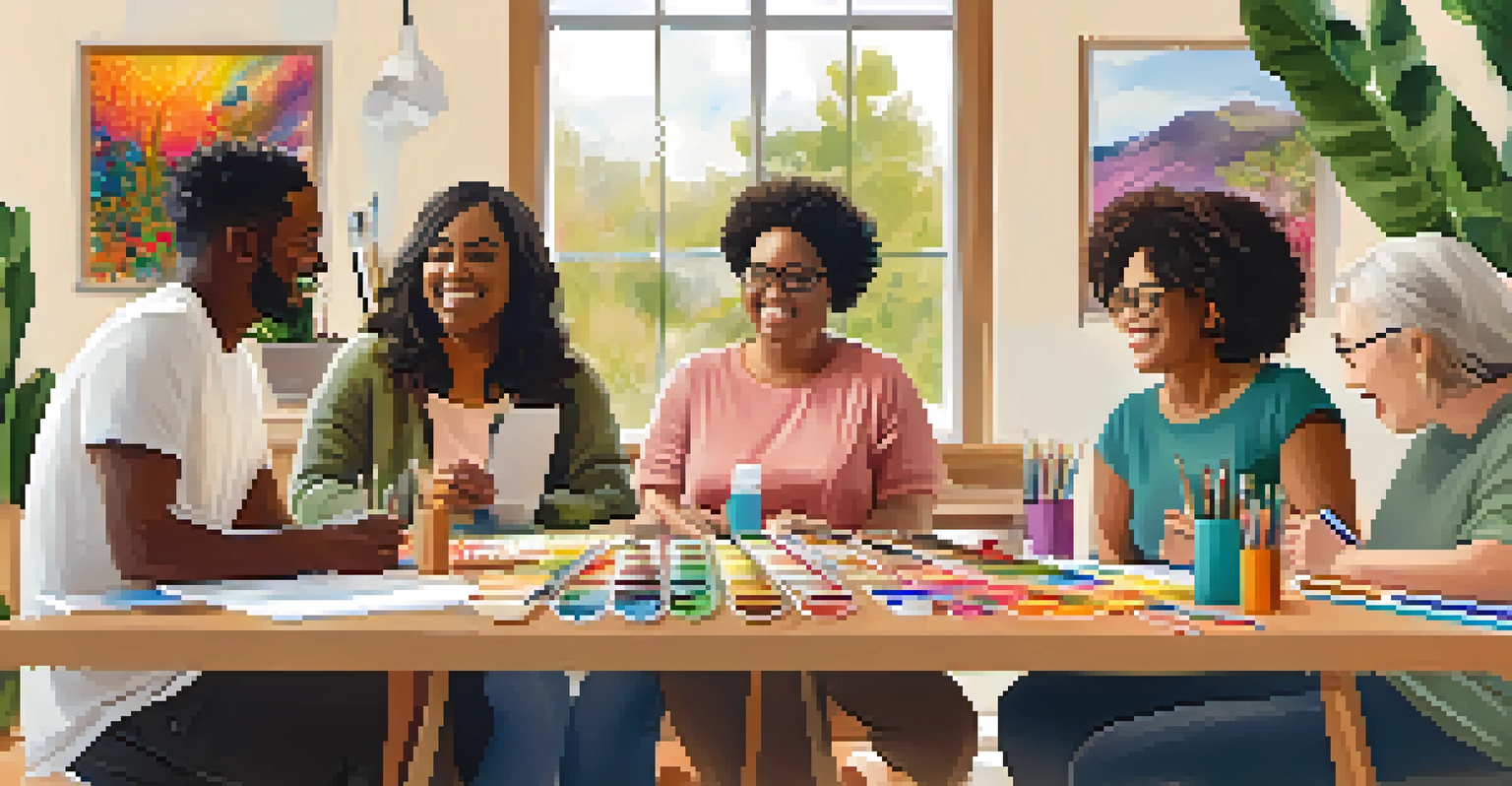 A diverse group of people in an art therapy session, happily sharing their artwork at a table covered with art supplies in a colorful room.
