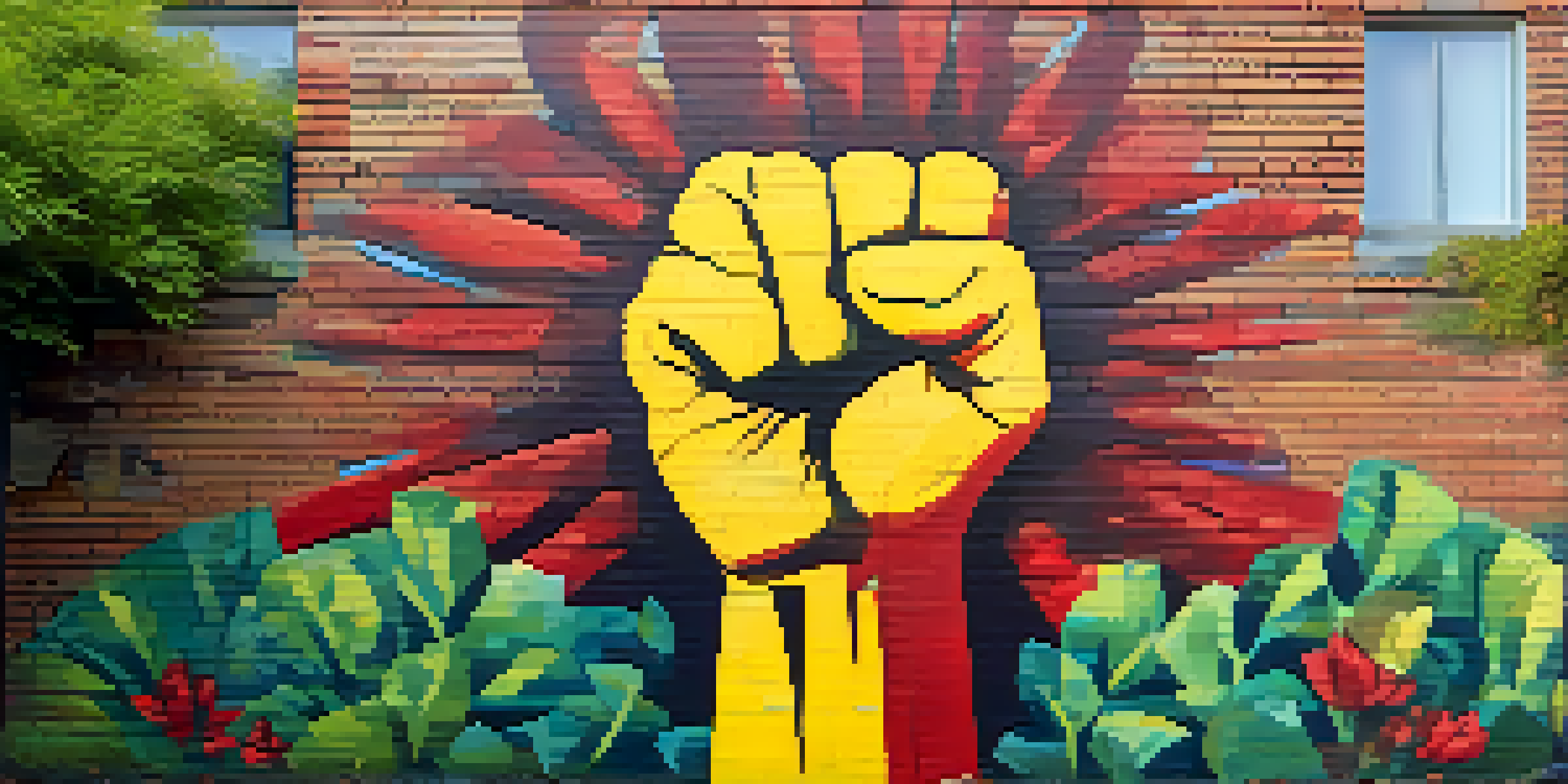 A colorful street mural showing a raised fist, surrounded by green plants and sunlight.