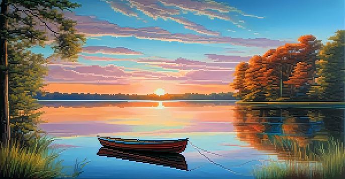 A peaceful lake scene with trees and a sunset reflection.
