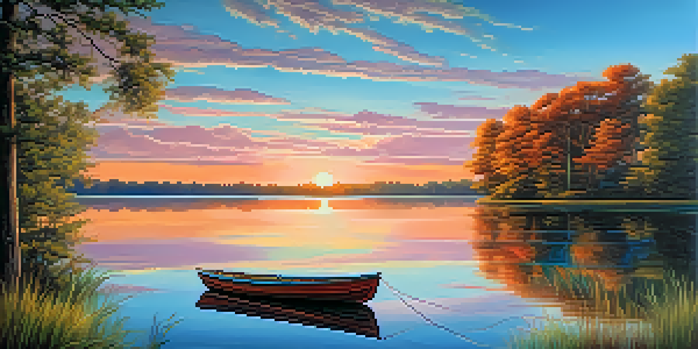 A peaceful lake scene with trees and a sunset reflection.