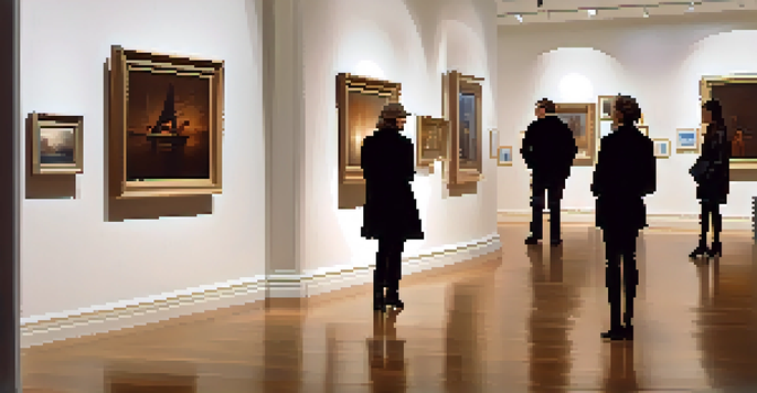 An art gallery with framed artworks on the walls and visitors admiring them under soft lighting.