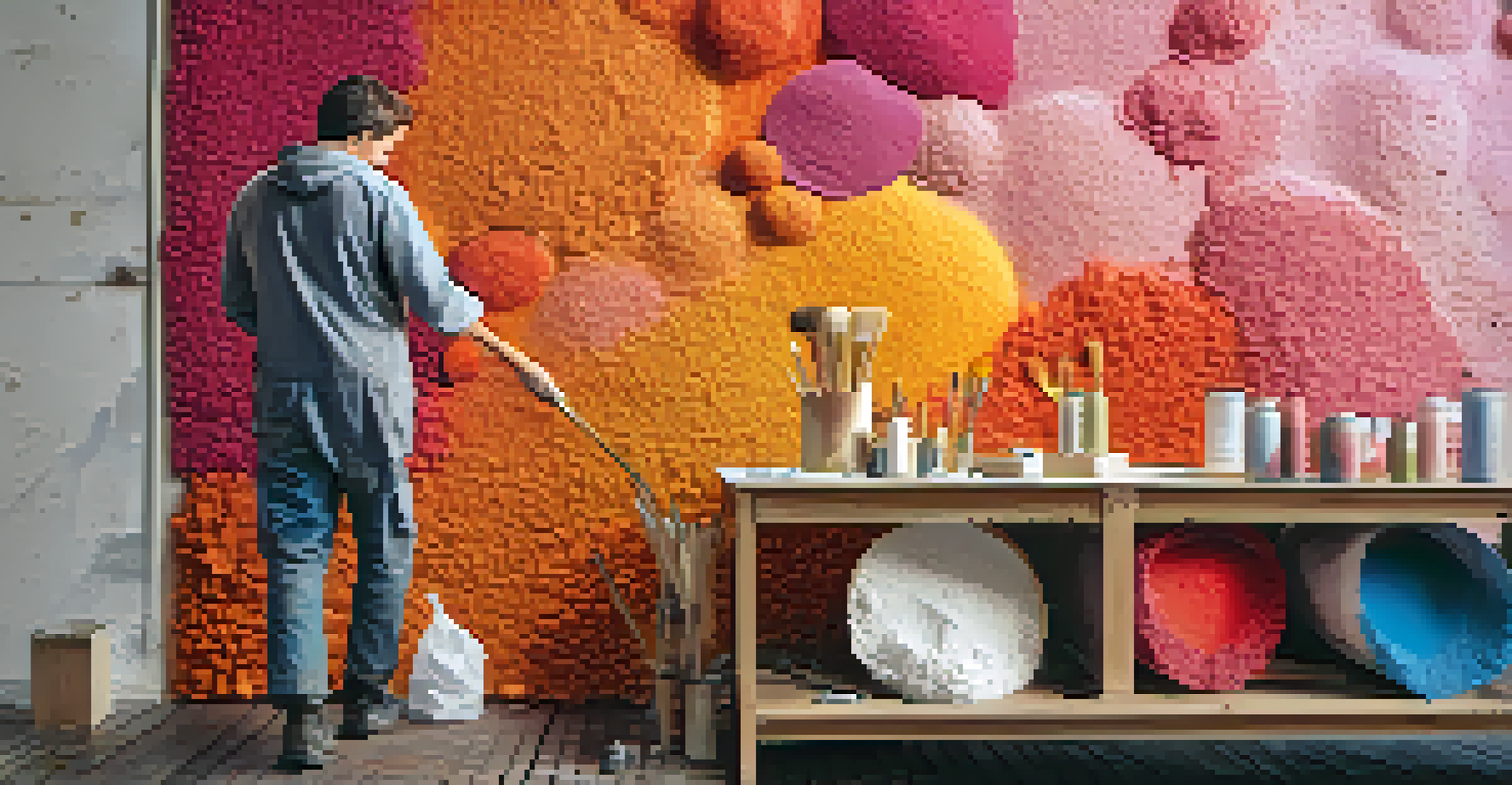 A textured wall created with sponging and rag rolling techniques, with a painter in the background.