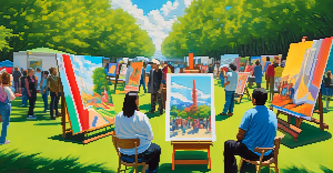 An outdoor art exhibition with artists painting and colorful cultural artworks displayed in a lush green setting.