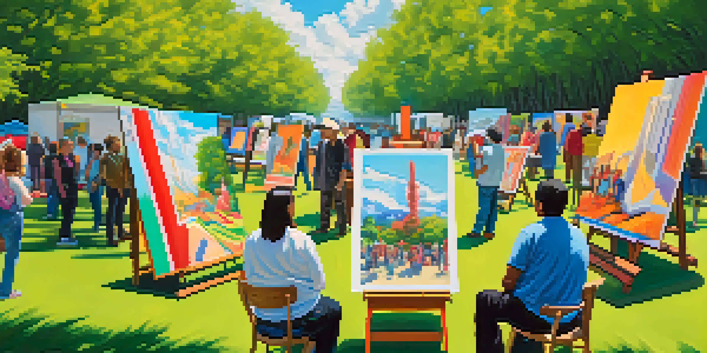 An outdoor art exhibition with artists painting and colorful cultural artworks displayed in a lush green setting.
