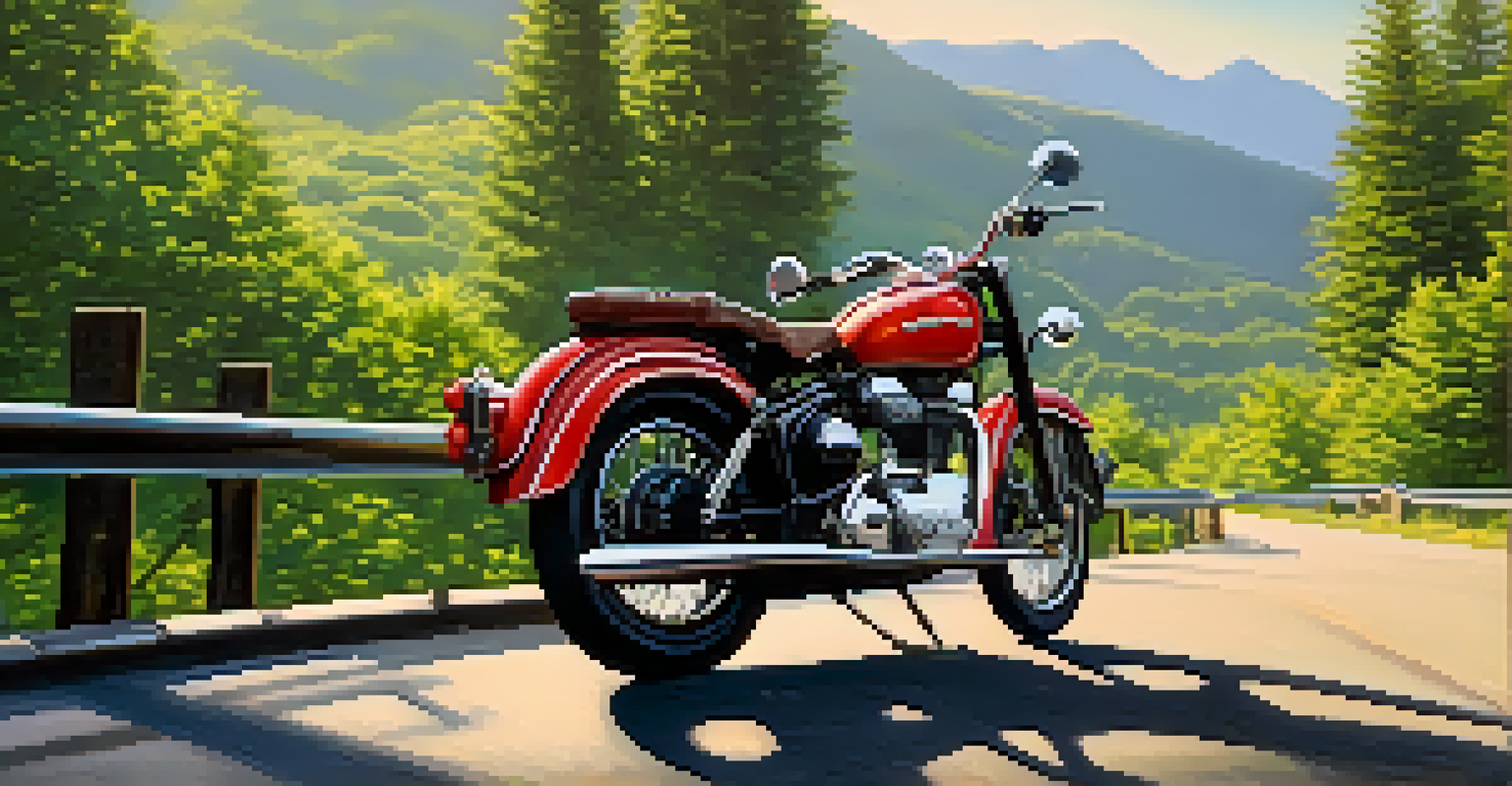 A detailed close-up of a vintage motorcycle on a scenic winding road, surrounded by greenery and mountains.