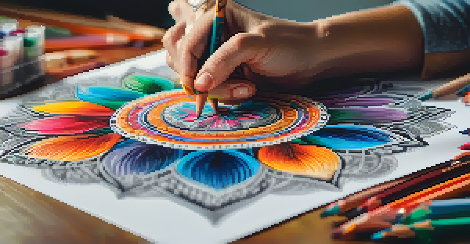 Close-up of hands coloring a mandala with colored pencils in a cozy workspace.