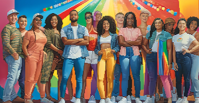 A colorful mural of diverse LGBTQ+ individuals standing together with a rainbow background, radiating joy and solidarity under warm sunlight.