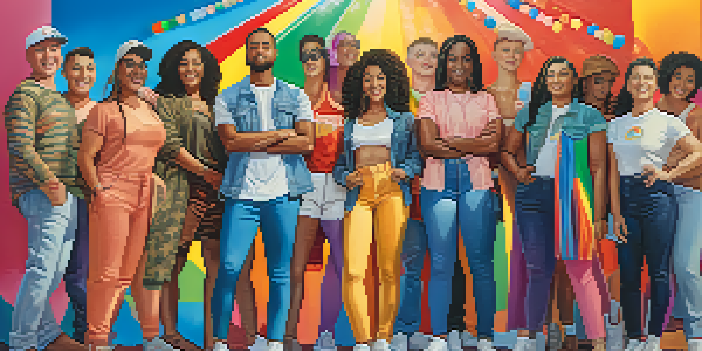 A colorful mural of diverse LGBTQ+ individuals standing together with a rainbow background, radiating joy and solidarity under warm sunlight.