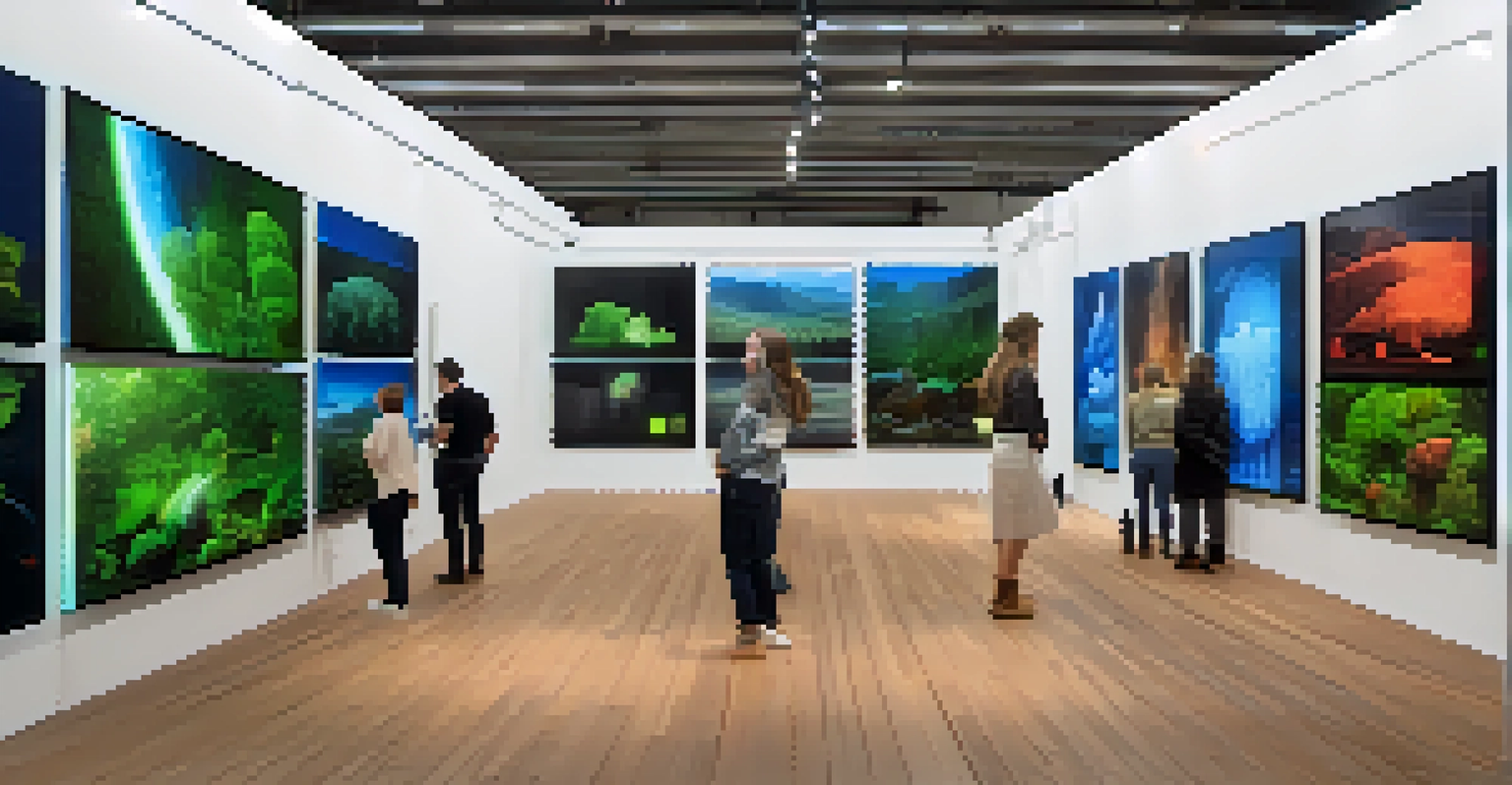 A digital art exhibition featuring interactive installations about climate change, with visitors exploring the displays.