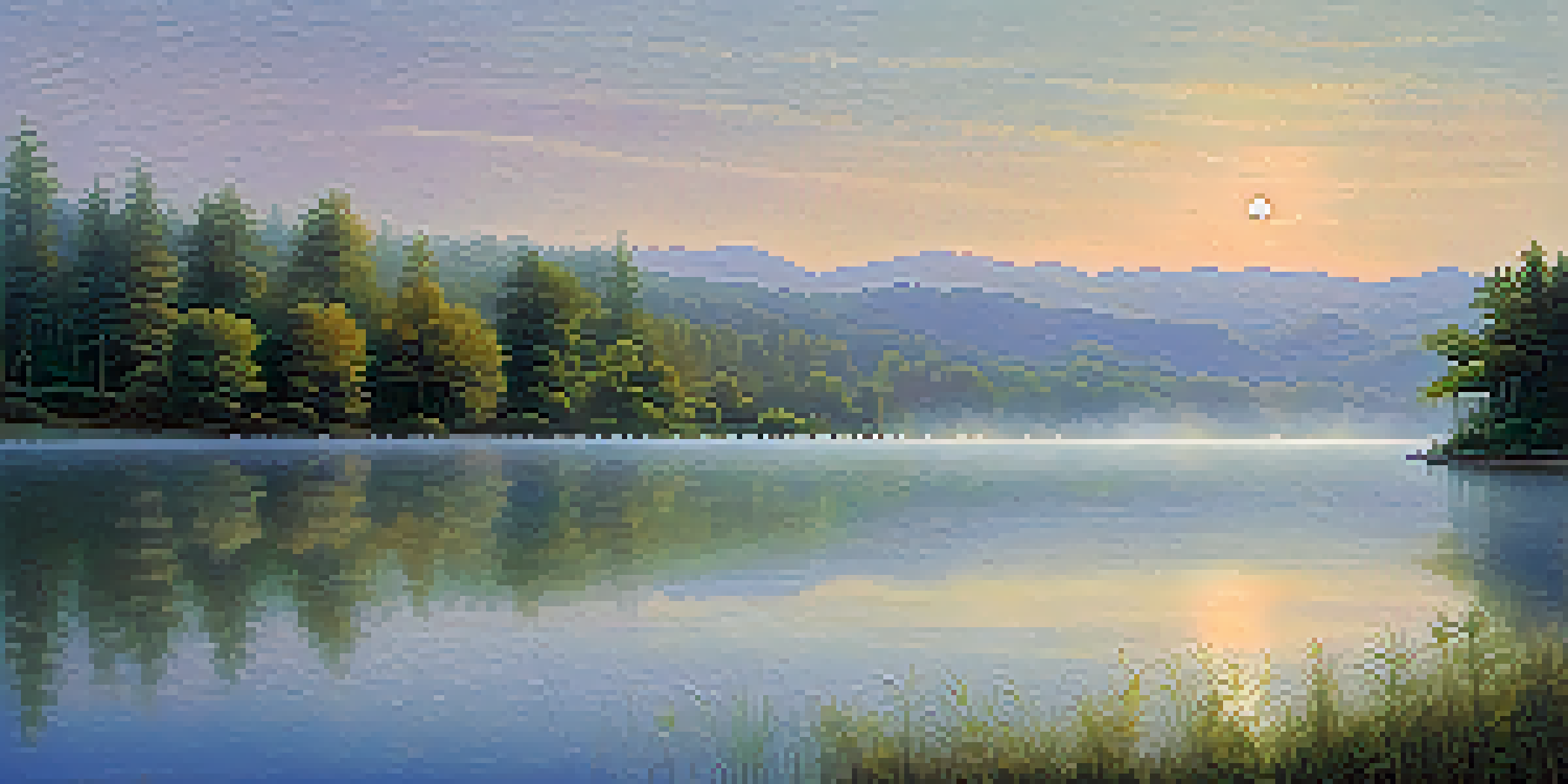 A tranquil lake at dawn, with soft pastel colors in the sky and mist over the water, surrounded by trees and distant mountains.