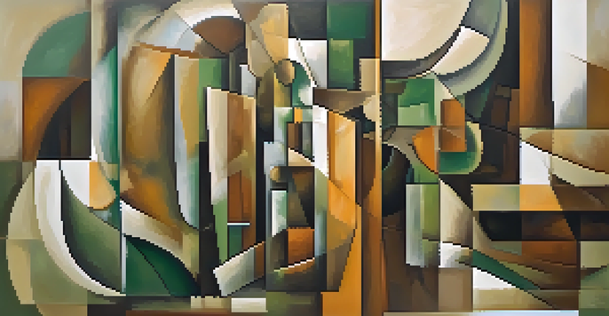 An abstract composition showcasing geometric shapes and fragmented forms in muted colors, creating a sense of movement and depth.