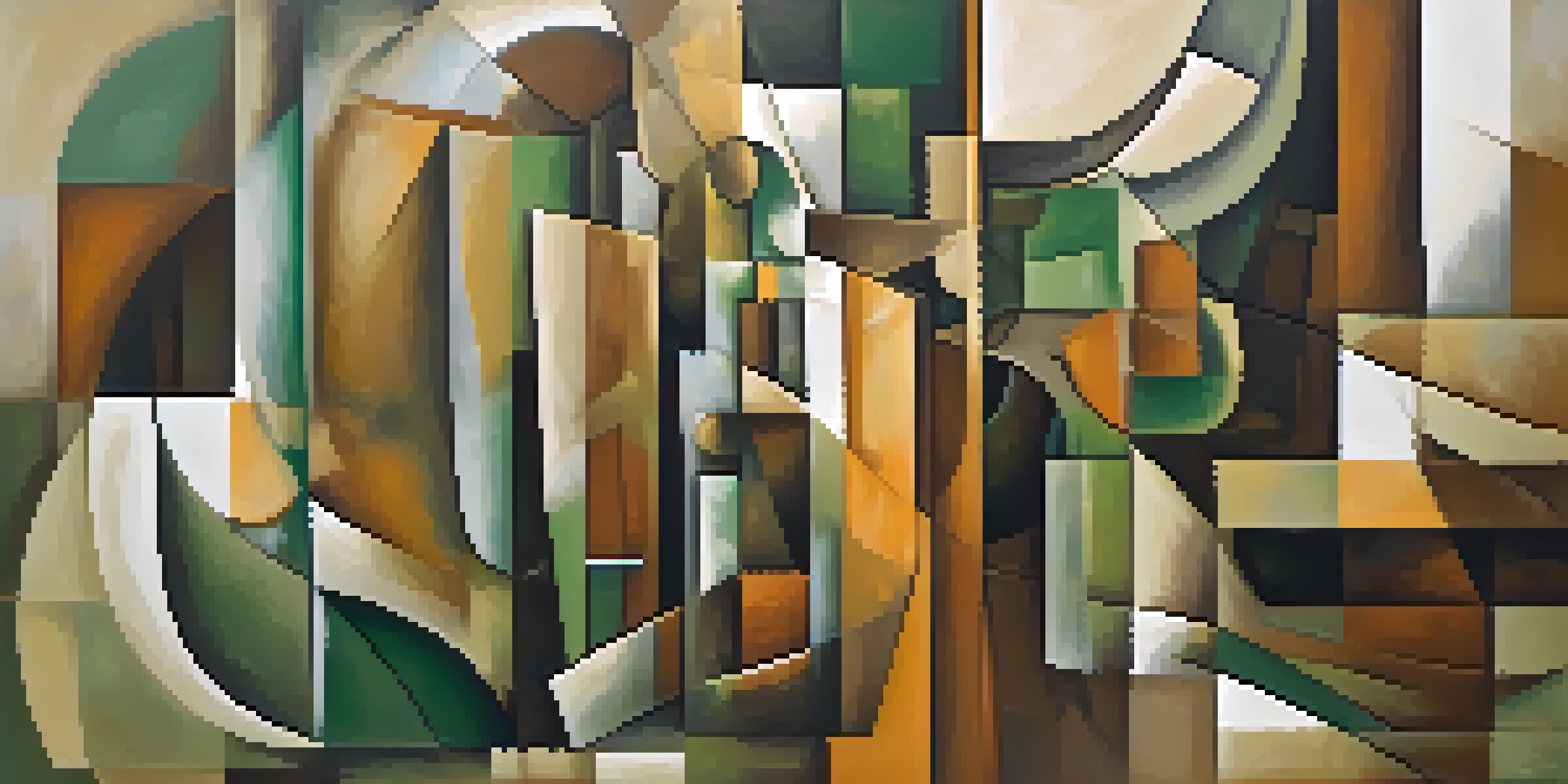 An abstract composition showcasing geometric shapes and fragmented forms in muted colors, creating a sense of movement and depth.