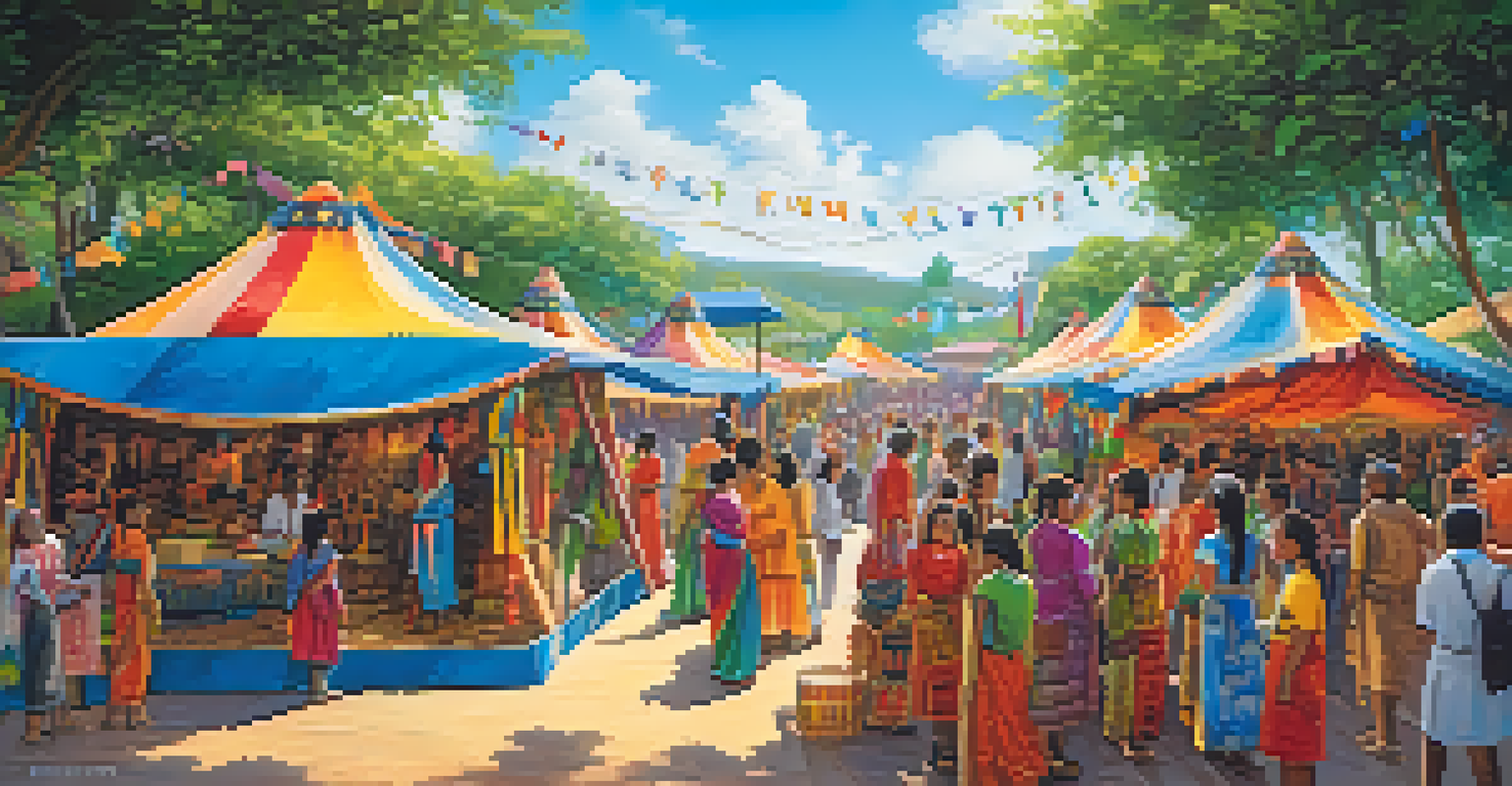 An outdoor cultural festival with colorful tents and artists showcasing traditional crafts amidst greenery.