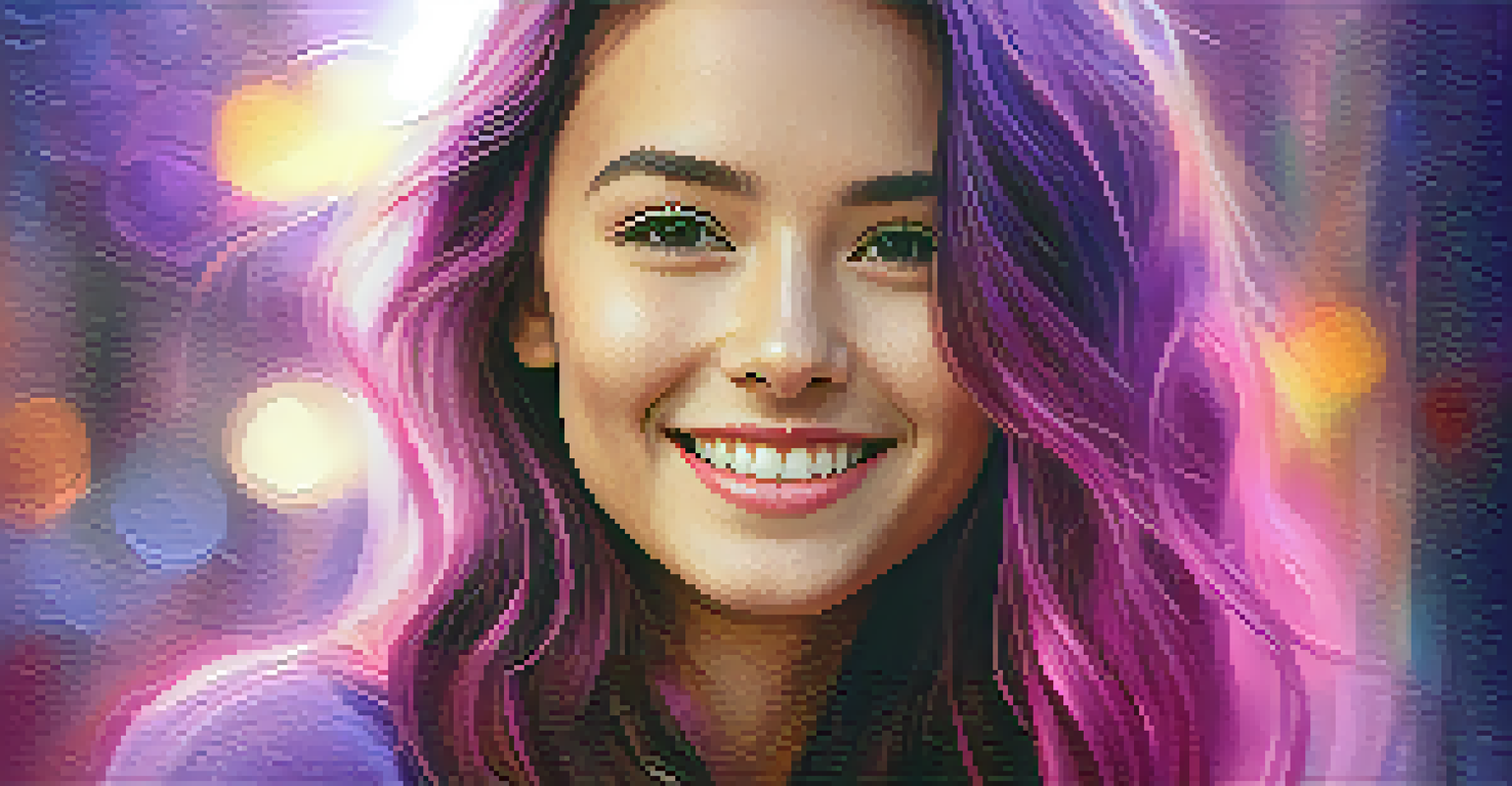 A digital portrait of a young woman smiling, with flowing pink and purple hair against a soft bokeh background.
