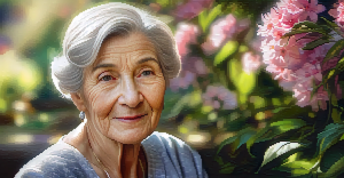 A portrait of an elderly woman smiling in a sunlit garden, surrounded by blooming flowers.