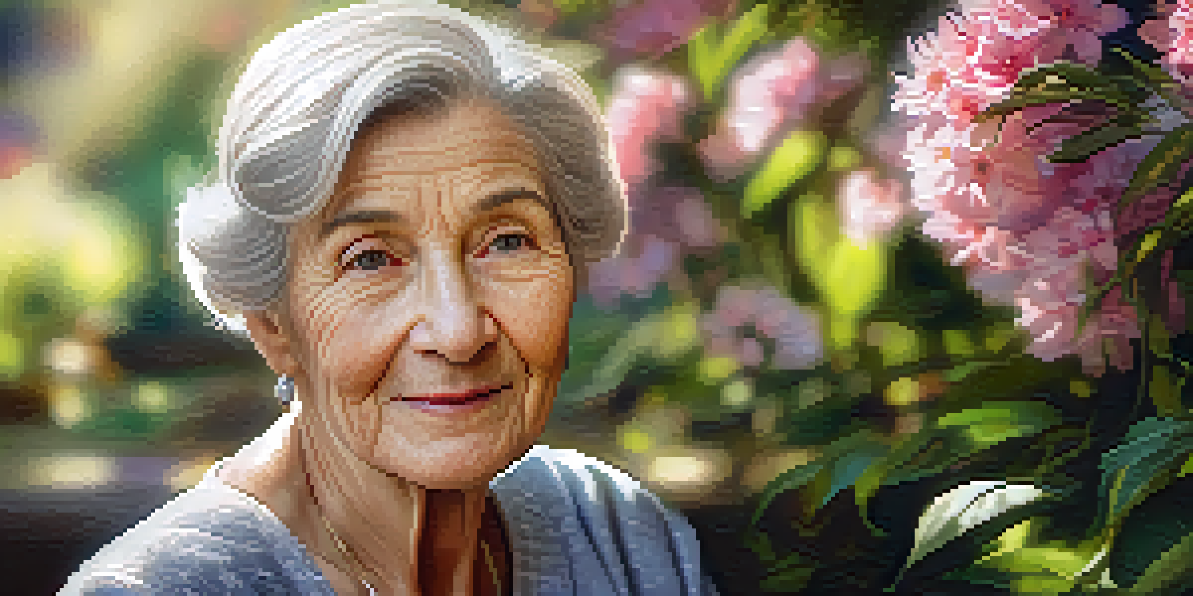 A portrait of an elderly woman smiling in a sunlit garden, surrounded by blooming flowers.