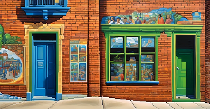 A colorful urban mural illustrating various cultural symbols and stories from the community on a brick wall.